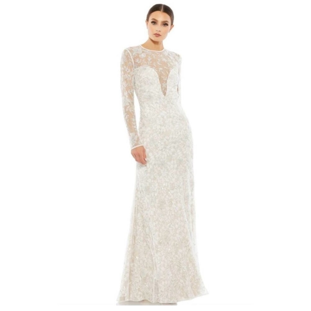 MAC DUGGAL Dress Size 10 Evening Gown Sequin White Sheer Illusion NEW Flaw